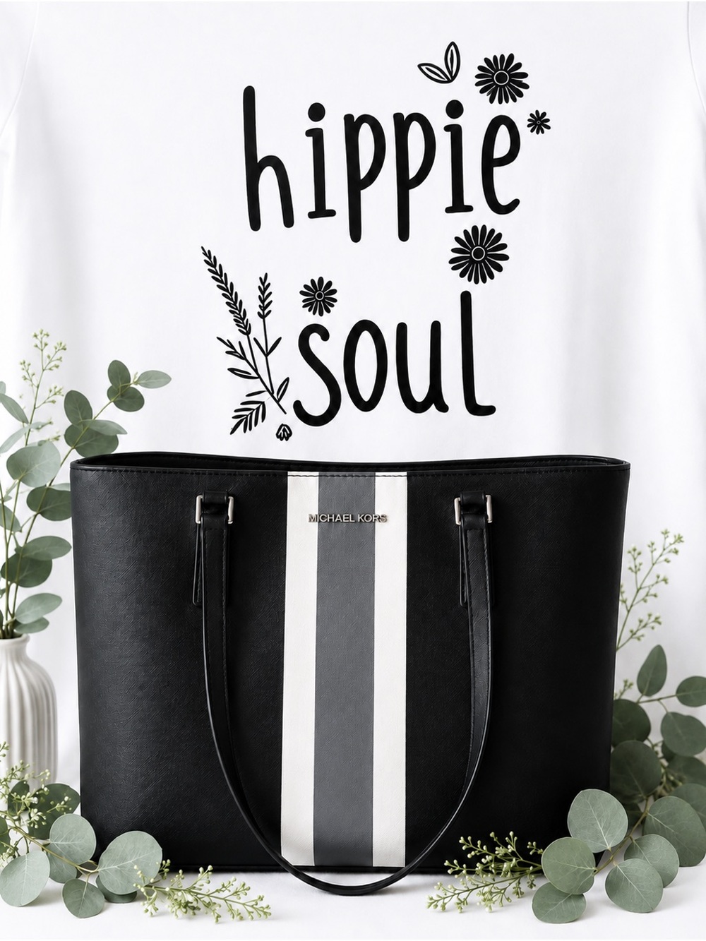 Michael Kors Black Tote with White and Gray Center Stripes